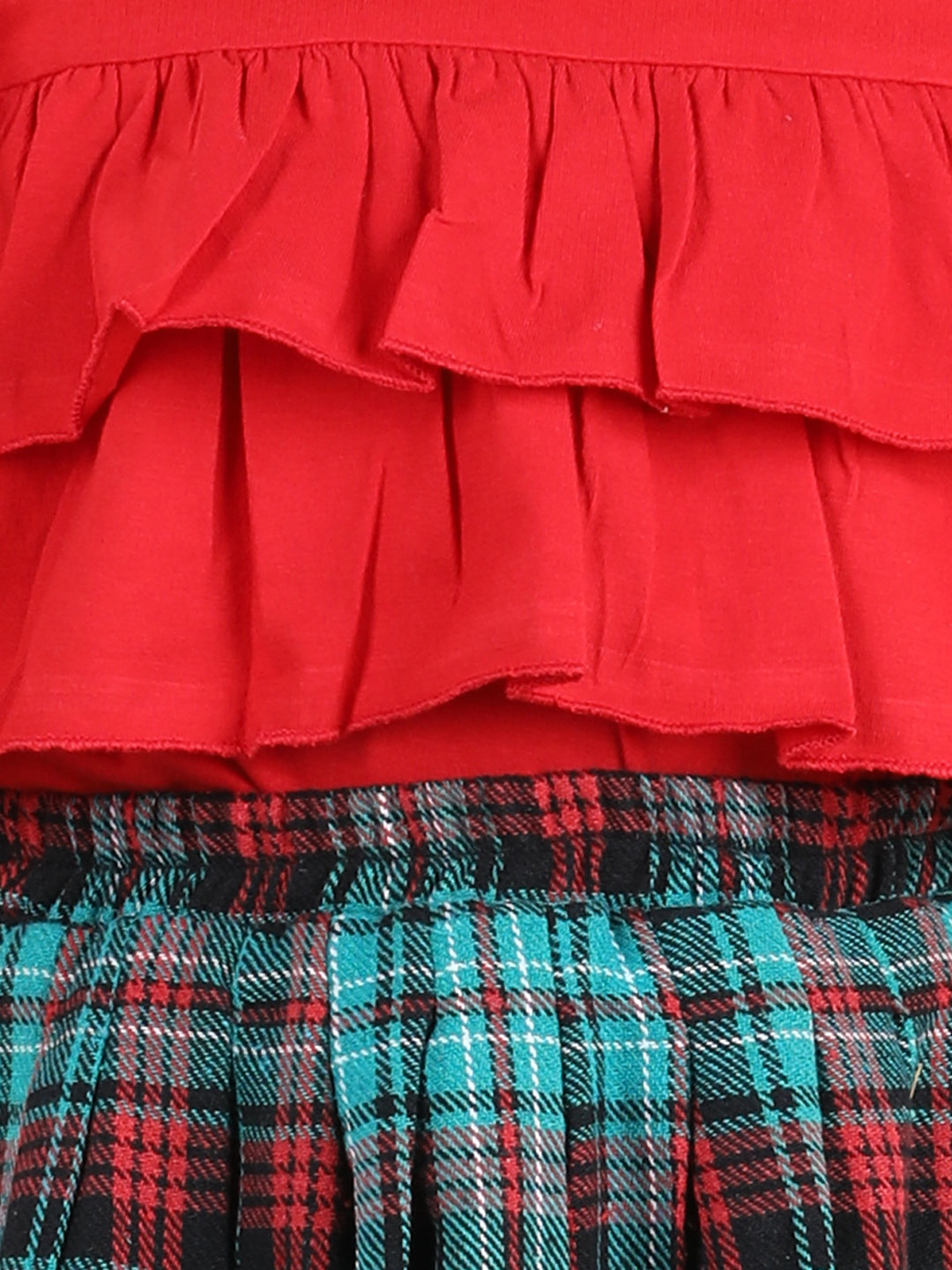 Full Sleeves Layered Frill Detailed Top With Tartan Checked Pleated Woollen Skirt - Red
