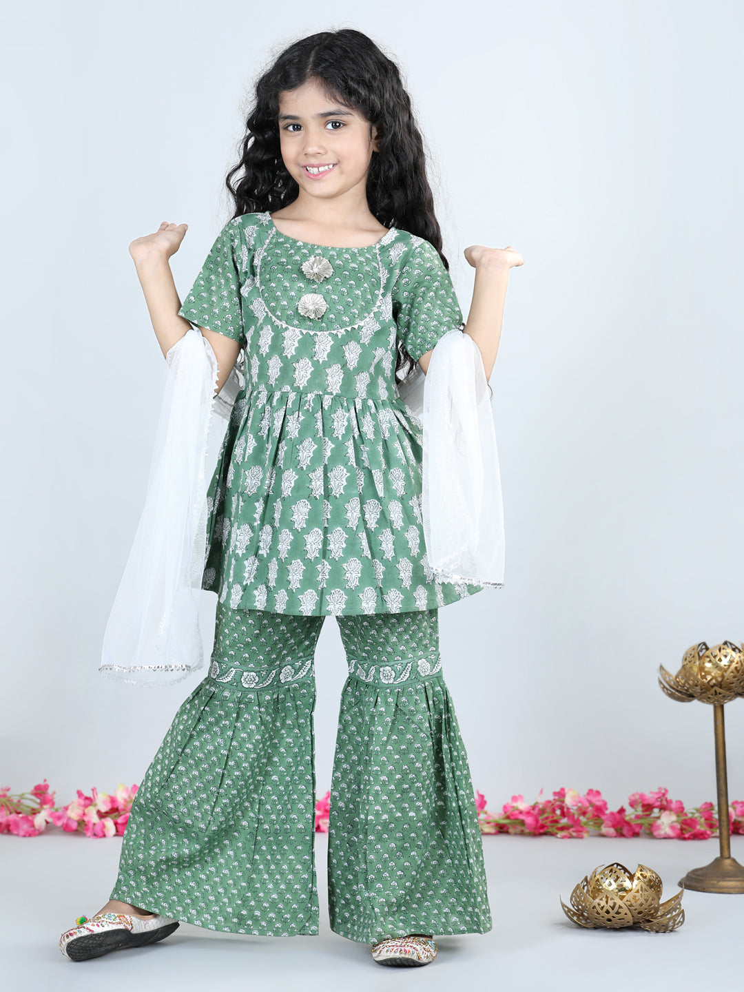 Aww Hunnie Girls Green Jaipuri Cotton Peplum Top & Sharara Set – Premium Festive Wear