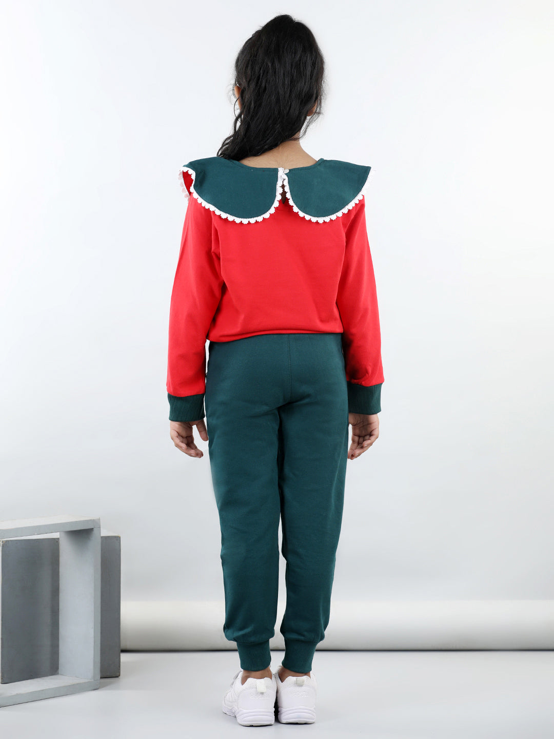 Cotton Jersey Big Collar Style Sweatshirt With 2 Side Pocket Joggers For Autumn & Winter - Red & Green
