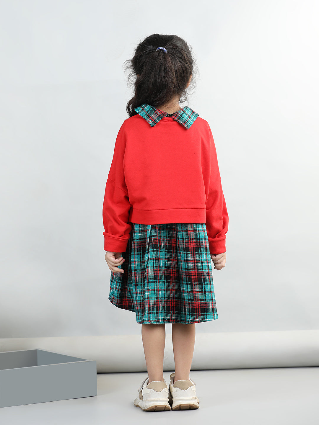 Checked Dress With Full Sleeves Solid Sweatshirt