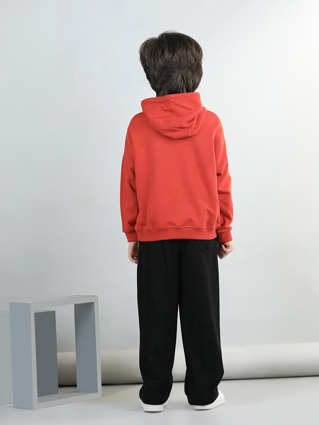 Cotton Looper Full Sleeves Solid Hooded Sweatshirt With Corduroy Trousers