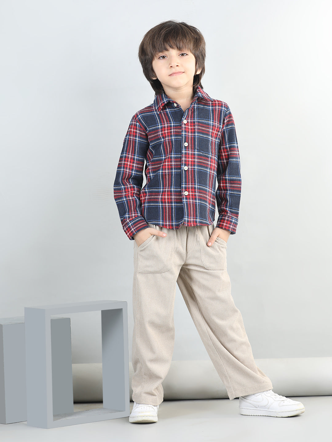 Woollen Blend Full Sleeves Checked Shirt With Solid Corduroy Trousers