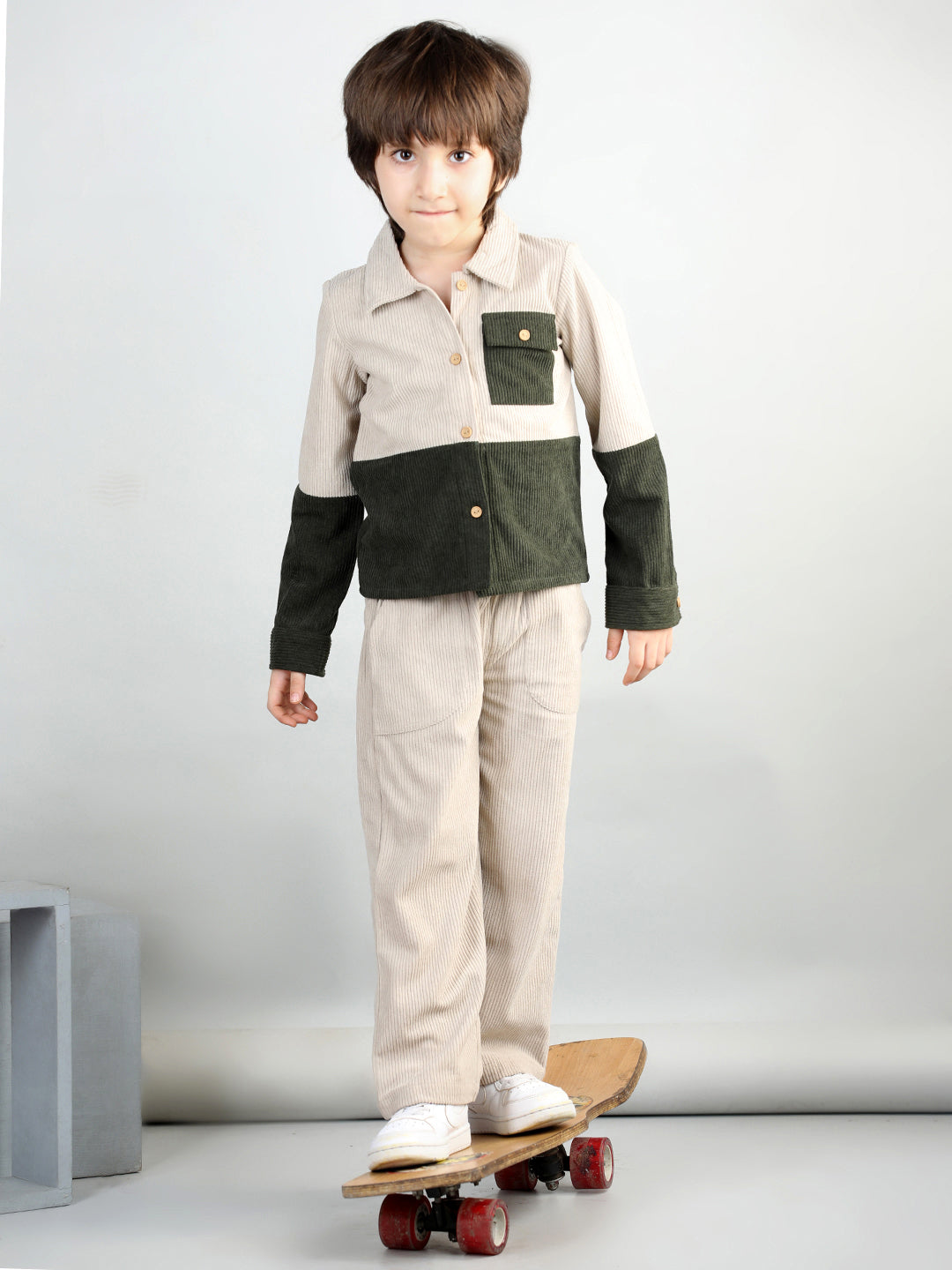 Corduroy Full Sleeves Colour Blocked Shirt With Solid Trousers