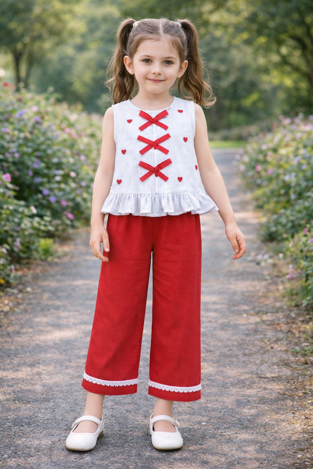 Cotton Sleeveless Heart Embroidery Design Top With Bottom Co Ords Set