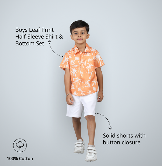 Boys Leaf Print Half-Sleeve Shirt & Bottom Set – Trendy Casual Wear - Pure, Chemical-Free Kidswear