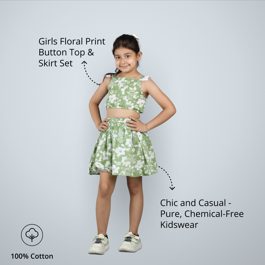Girls Floral Print Button Top & Skirt Set – Chic and Casual - Pure, Chemical-Free Kidswear