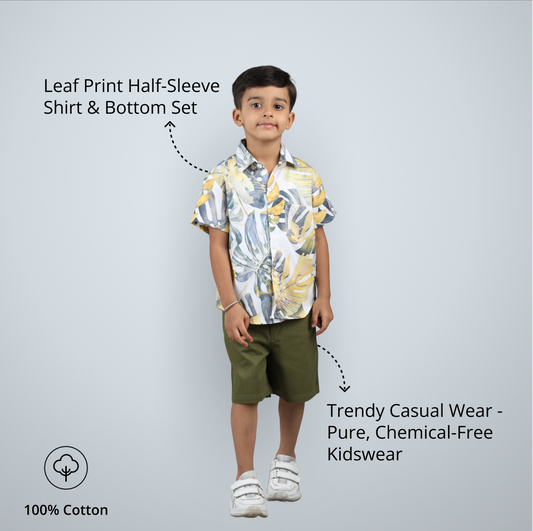 Boys Leaf Print Half-Sleeve Shirt & Bottom Set – Trendy Casual Wear - Pure, Chemical-Free Kidswear