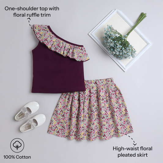 Girls One Shoulder Frill Top & Skirt Set – Stylish & Feminine - Pure, Chemical-Free Kidswear