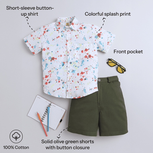 Boys Printed Half-Sleeve Shirt & Short Set – Elegant White Design - Pure, Chemical-Free Kidswear