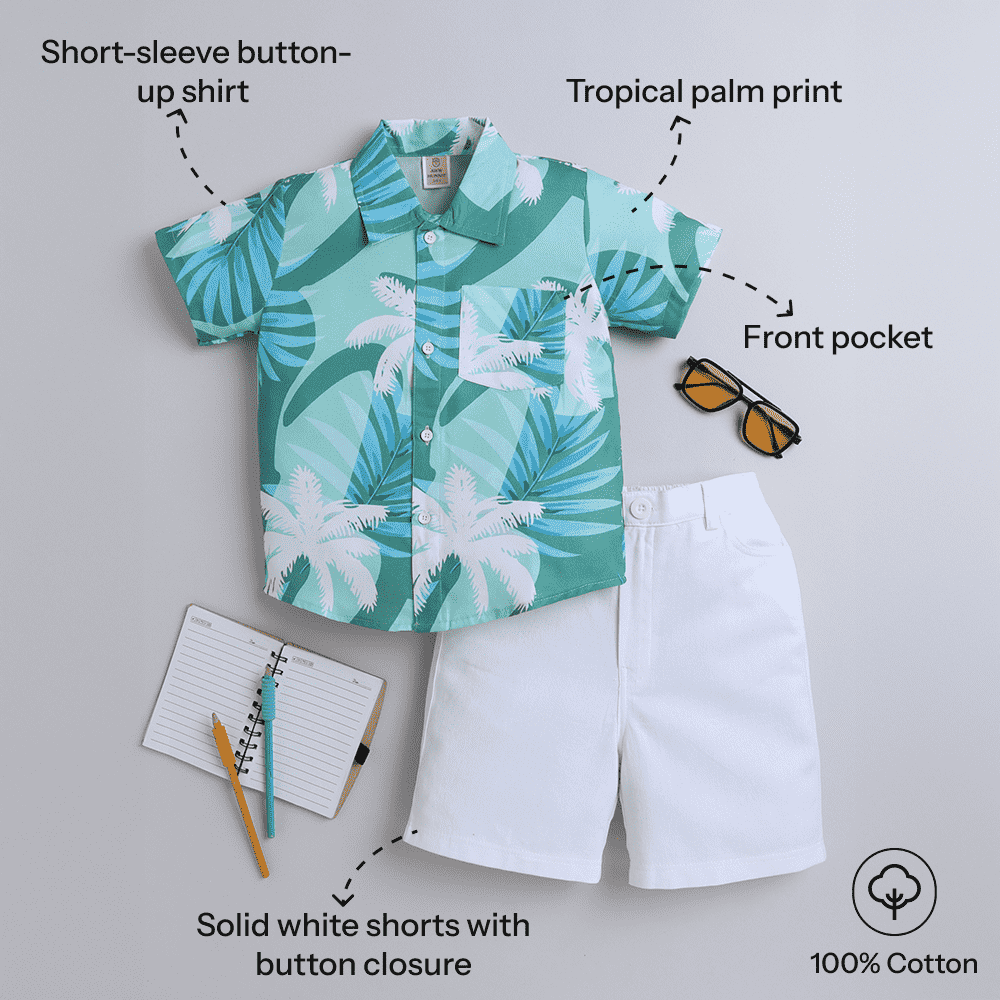 Boys Green Leaf Print Shirt with White Bottom – Casual Set - Pure, Chemical-Free Kidswear