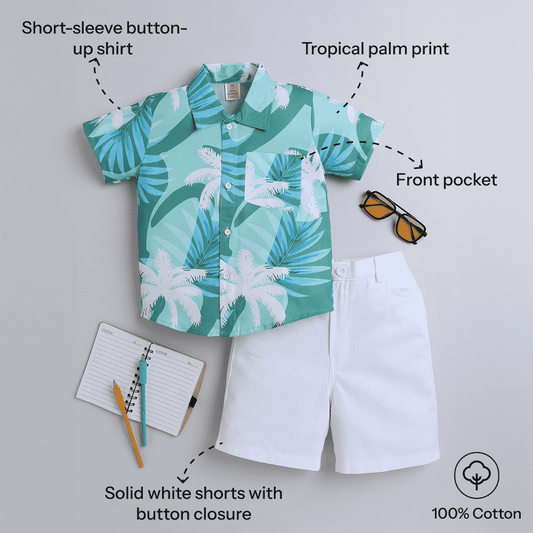 Boys Green Leaf Print Shirt with White Bottom – Casual Set - Pure, Chemical-Free Kidswear