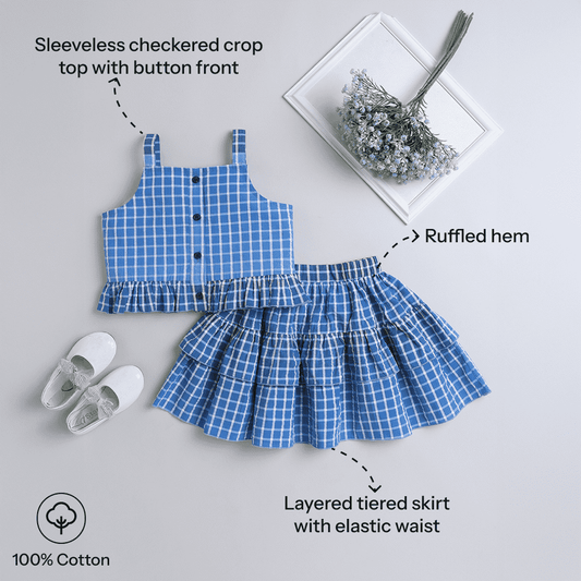 Girls 100% Cotton Check Top & Skirt – Button Closure, Casual Style - Pure, Chemical-Free Kidswear