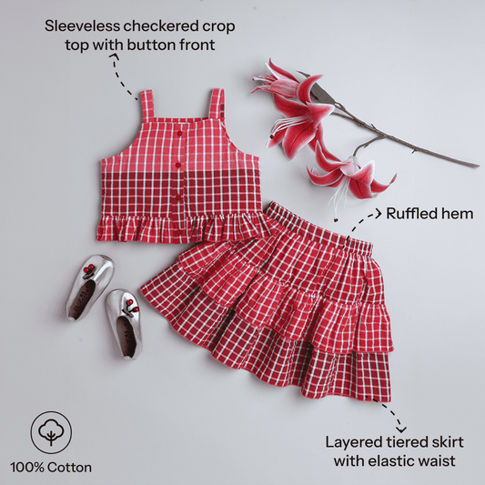 Girls 100% Cotton Check Top & Skirt – Button Closure, Casual Style - Pure, Chemical-Free Kidswear