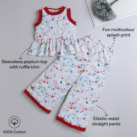 Girls Pumplum Top & Skirt Set – Classic White Cotton Ensemble - Pure, Chemical-Free Kidswear