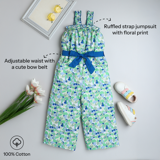 Girls Floral Print Jumpsuit – Shoulder Strap with Belt (Blue) - Pure, Chemical-Free Kidswear