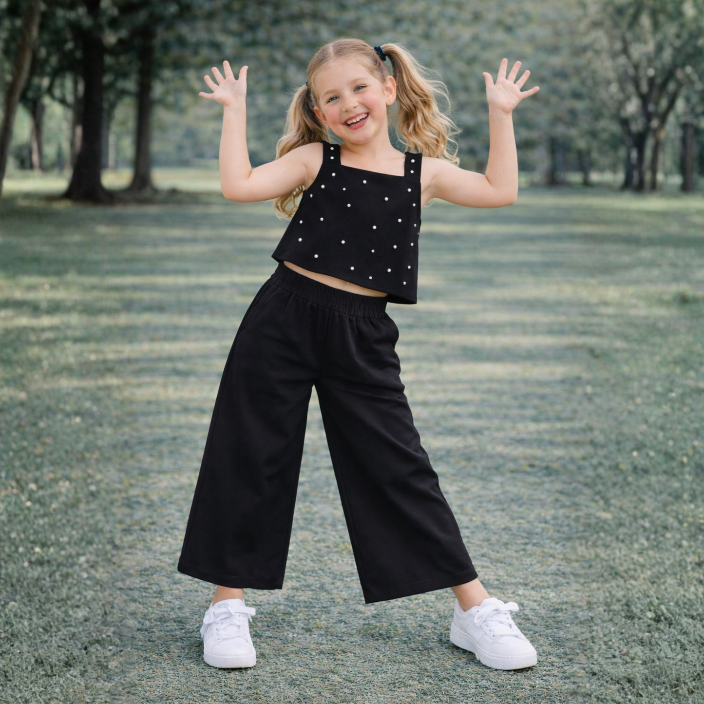 Bananna Crape Fabric Sleeveless Pearl Design Crop Top With Bottom Co Ords Set