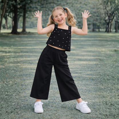 Bananna Crape Fabric Sleeveless Pearl Design Crop Top With Bottom Co Ords Set