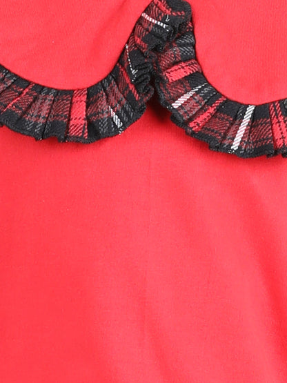 Full Sleeves Frill Detailed Tartan Checked Autumn Winter Wear Peter Pan Collared Sweatshirt & Woollen Skirt