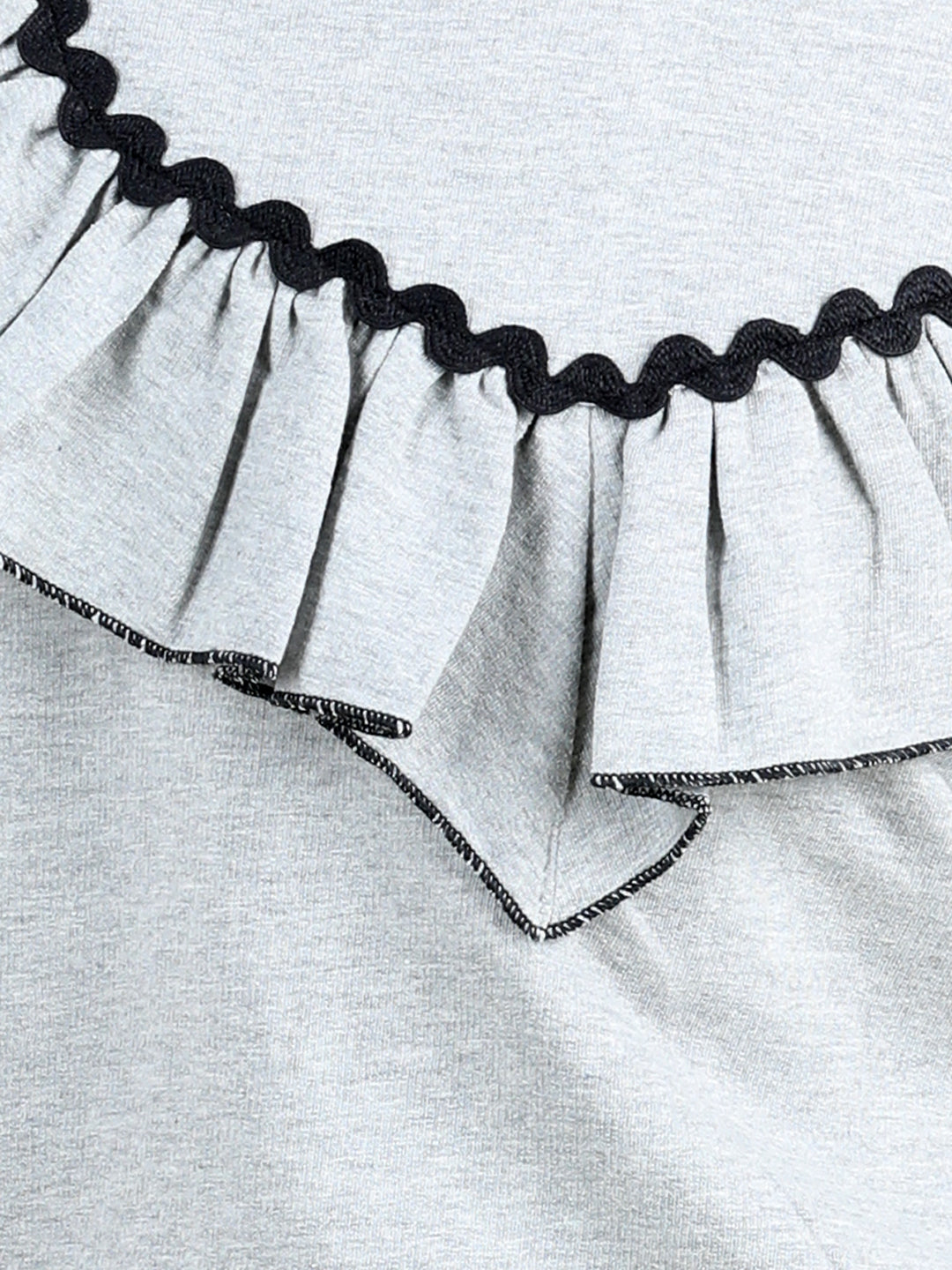 Full Sleeves Frill Detailed & Lace Embellished Sweatshirt With Flounce Bottom Designed Pencil Skirt - Grey