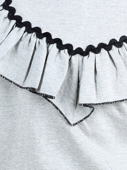 Full Sleeves Frill Detailed & Lace Embellished Sweatshirt With Flounce Bottom Designed Pencil Skirt - Grey