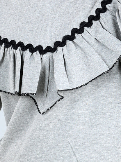 Full Sleeves Frill Detailed & Lace Embellished Autumn Winter Wear Sweatshirt With Side Pockets Lower