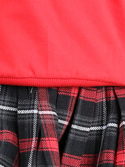 Full Sleeves Frill Detailed Tartan Checked Autumn Winter Wear Peter Pan Collared Sweatshirt & Woollen Skirt