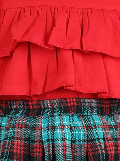 Full Sleeves Layered Frill Detailed Top With Tartan Checked Pleated Woollen Skirt - Red