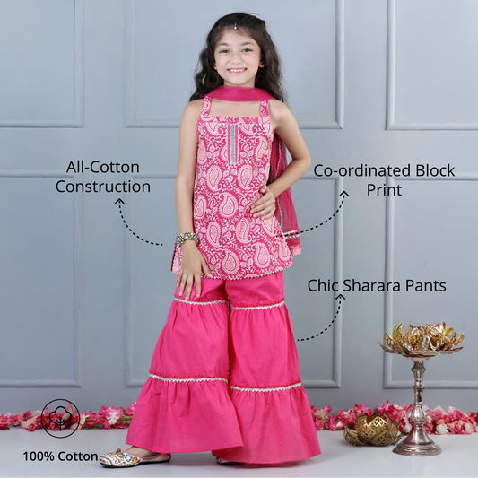 Aww Hunnie Girls Jaipur Cotton Print Sleeveless Kurta & Sharara Set – Pink Festive Elegance