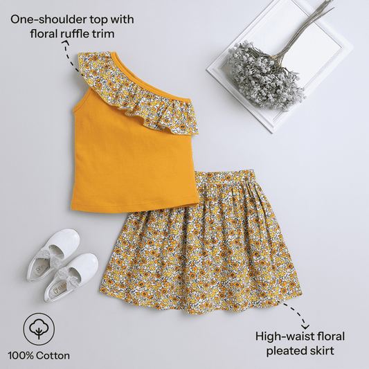 Girls One Shoulder Frill Top & Skirt Set – Stylish & Feminine - Pure, Chemical-Free Kidswear