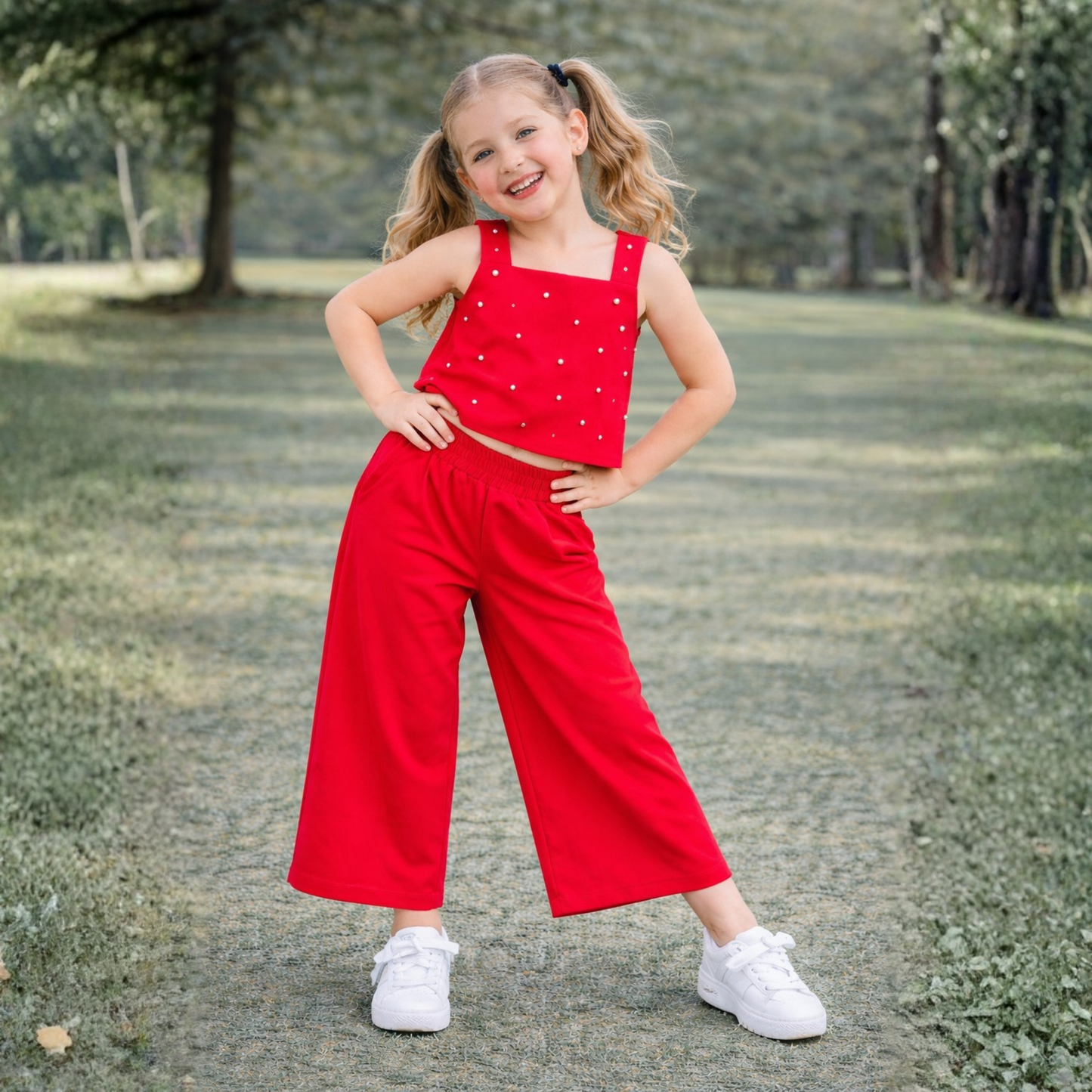 Bananna Crape Fabric Sleeveless Pearl Design Crop Top With Bottom Co Ords Set