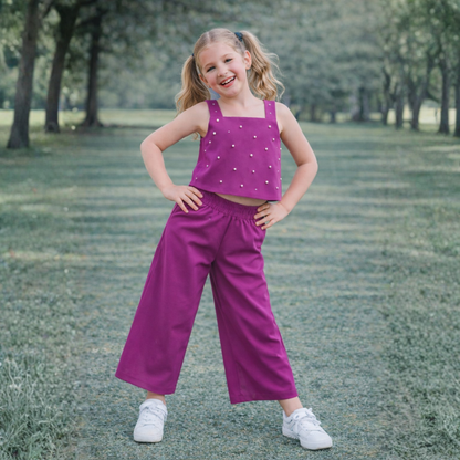 Bananna Crape Fabric Sleeveless Pearl Design Crop Top With Bottom Co Ords Set