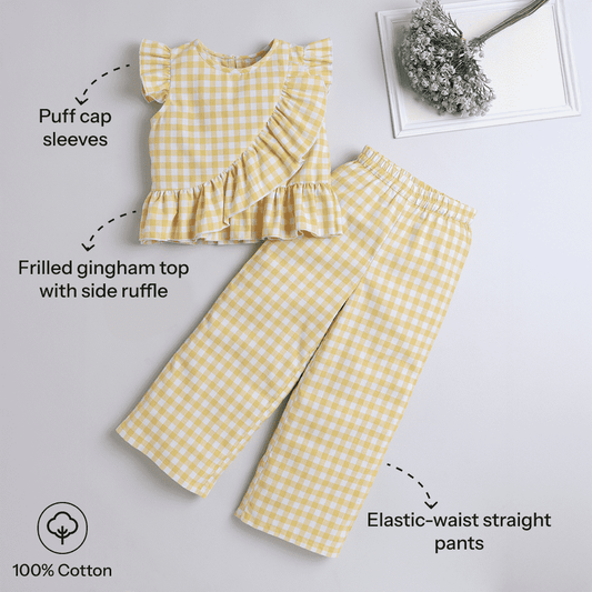 Girls Yellow Check Frill Top & Bottom Set – Playful & Trendy - Pure, Chemical-Free Kidswear