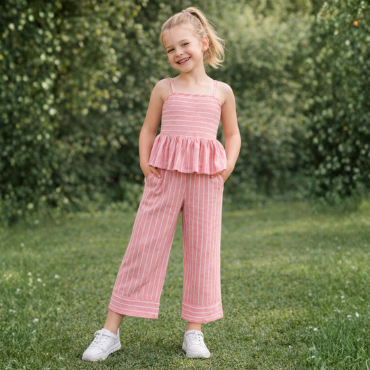 Bananna Cotton Sleeveless Stripe Peplum Top With Bottom Co Ords Set