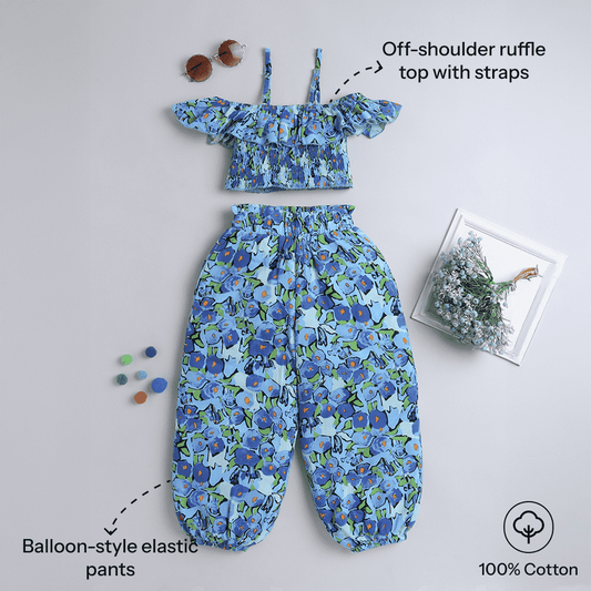 Girls Off-Shoulder Crop Top & Bottom Set – Fresh Green Style - Pure, Chemical-Free Kidswear