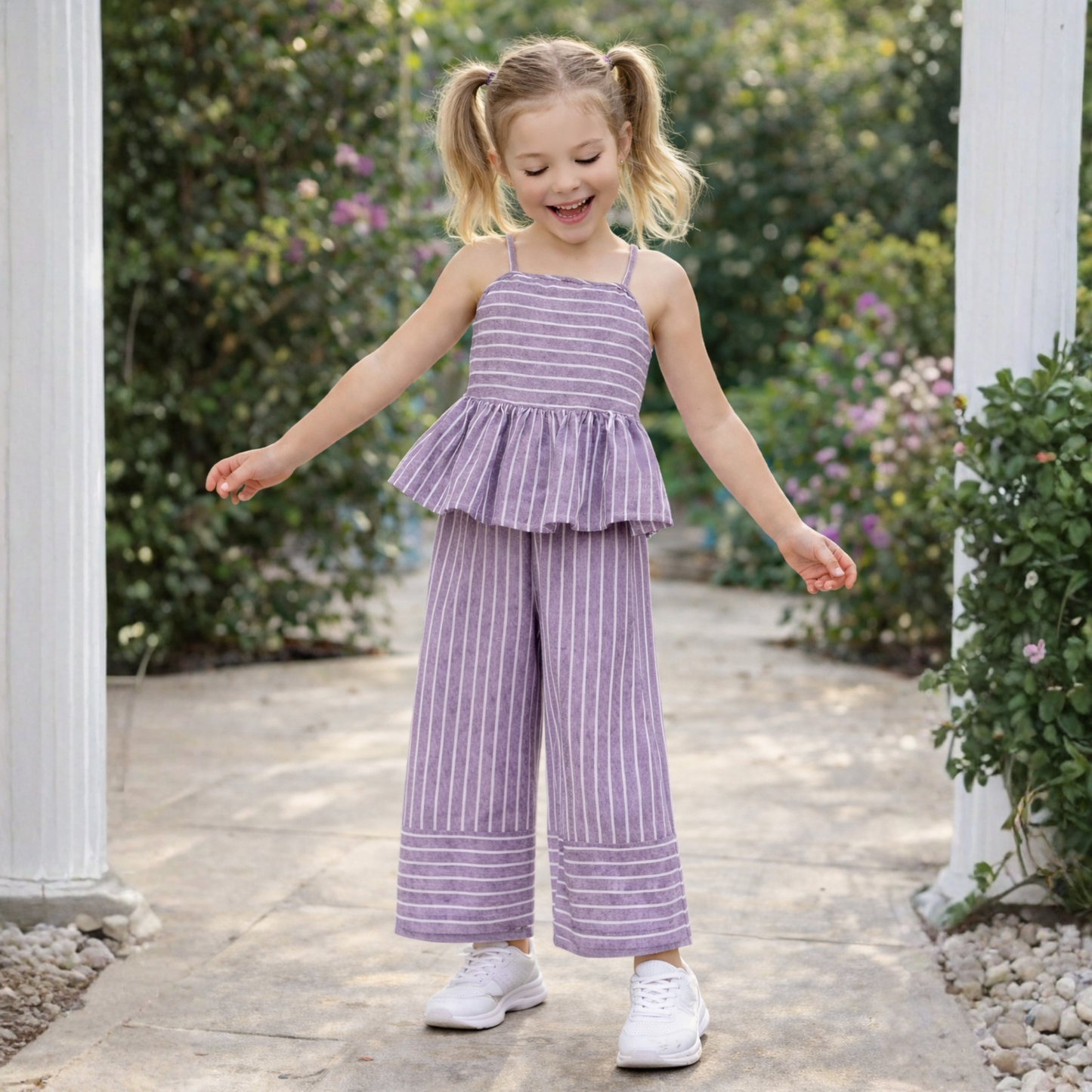 Bananna Cotton Sleeveless Stripe Peplum Top With Bottom Co Ords Set