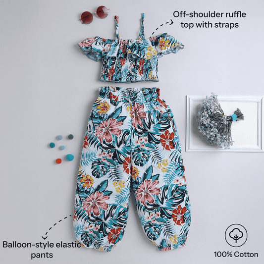 Girls Off-Shoulder Crop Top & Bottom Set – Fresh Green Style - Pure, Chemical-Free Kidswear