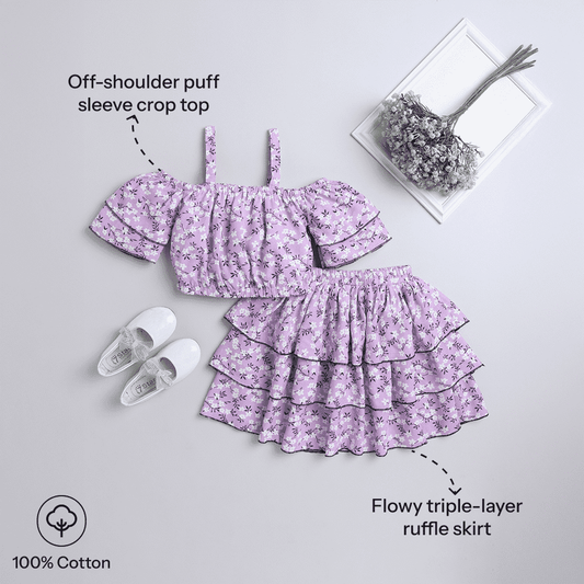 Girls Floral Print Crop Top & Three-Piece Lyre Skirt – Mauve Set - Pure, Chemical-Free Kidswear