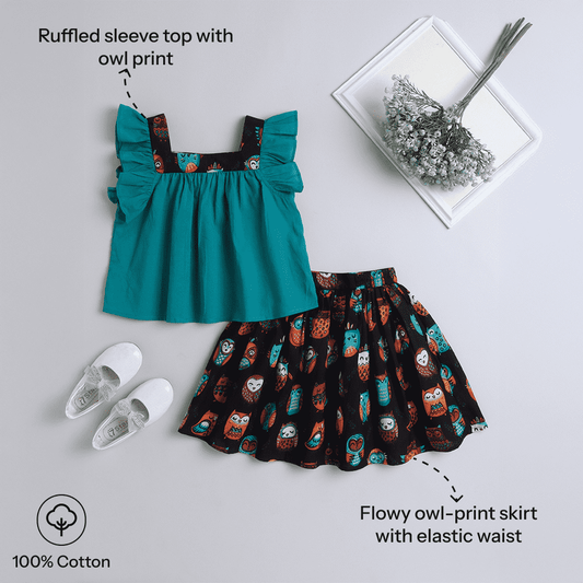 Girls Cotton Top with Owl Print Skirt – Trendy Green Ensemble - Pure, Chemical-Free Kidswear