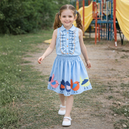 Poly Cotton Sleeveless Frill Top With Skirt