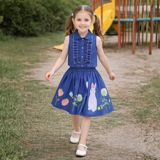 Poly Cotton Sleeveless Frill Top With Skirt