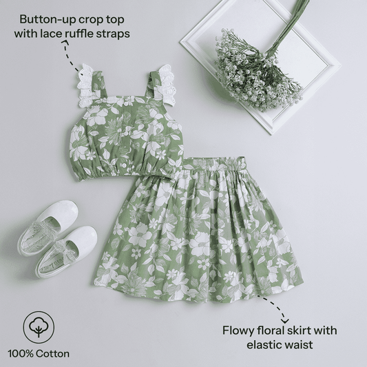 Girls Floral Print Button Top & Skirt Set – Chic and Casual - Pure, Chemical-Free Kidswear