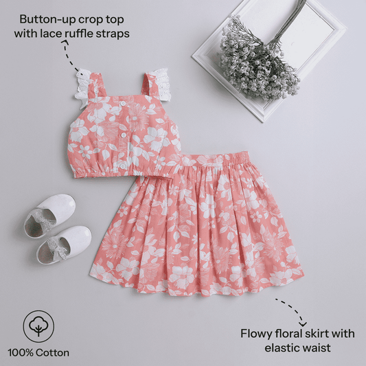 Girls Floral Print Button Top & Skirt Set – Chic and Casual - Pure, Chemical-Free Kidswear