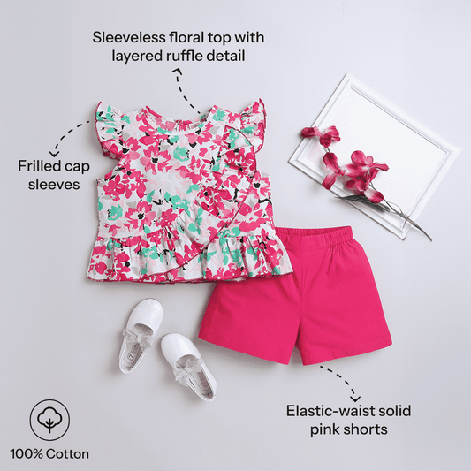 Girls Floral Print Top & Shorts Set – Fresh, Casual Look - Pure, Chemical-Free Kidswear
