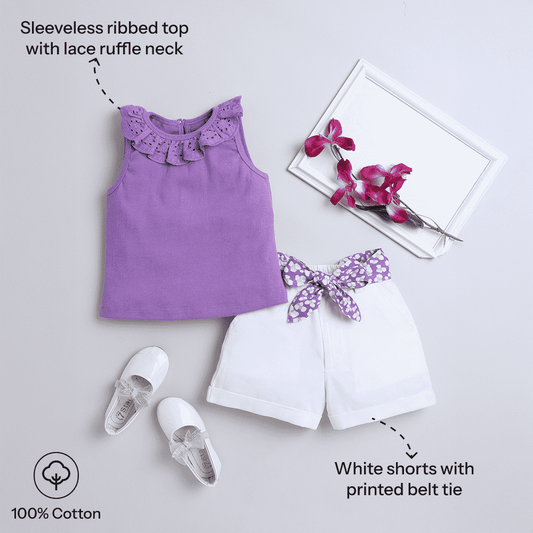 Kids Mauve Lace Rib Top & Shorts Set – With Belt, Stylish Casual Wear - Pure, Chemical-Free Kidswear