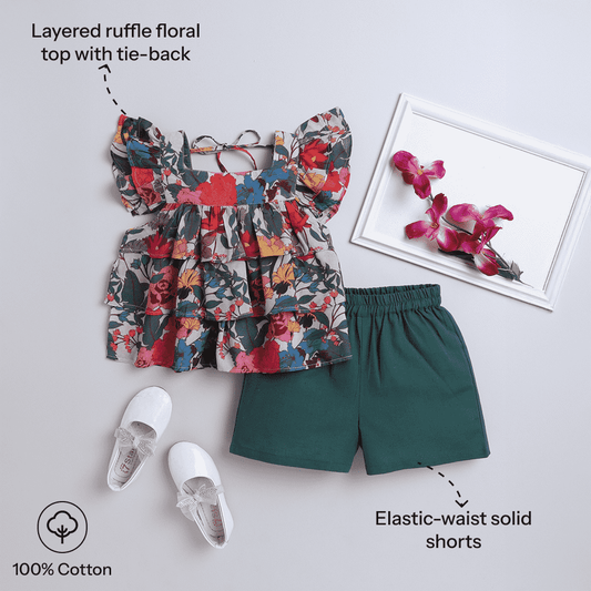 Kids Floral Print Lyre Top & Shorts Set – Trendy & Comfy - Pure, Chemical-Free Kidswear