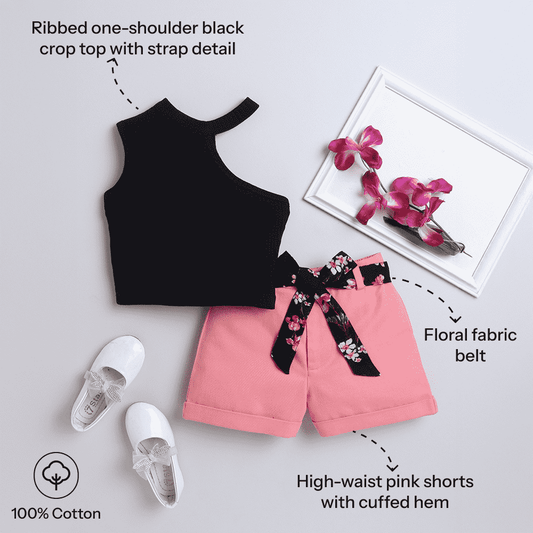 Girls Black One Shoulder Tank Top & Shorts Set – With Printed Belt - Pure, Chemical-Free Kidswear