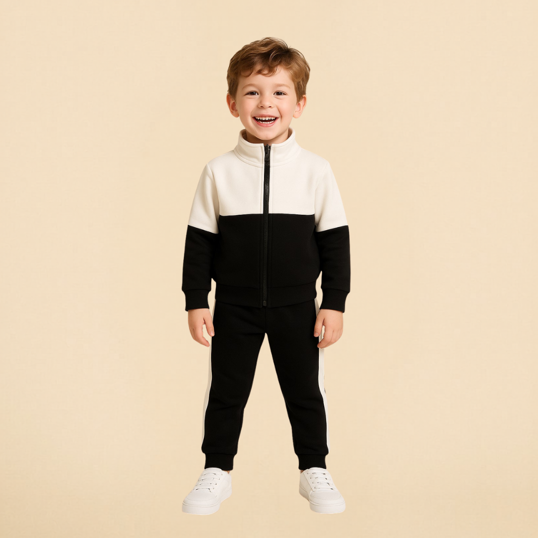 Cotton Fleece Full Sleeves Front Open Zipper Jogger Set - White