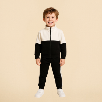 Cotton Fleece Full Sleeves Front Open Zipper Jogger Set - White