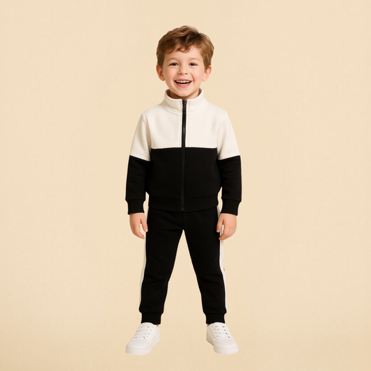 Cotton Fleece Full Sleeves Front Open Zipper Jogger Set - White