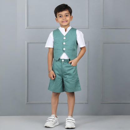 Aww Hunnie Kids’ Cotton Half-Sleeve Shirt & Vest with Pocketed Shorts Set – Premium Summer Wear